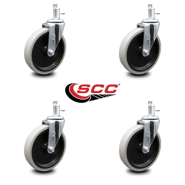 5 Inch Thermoplastic Rubber Wheel 5/16 Inch Threaded Stem Caster SCC, 4PK